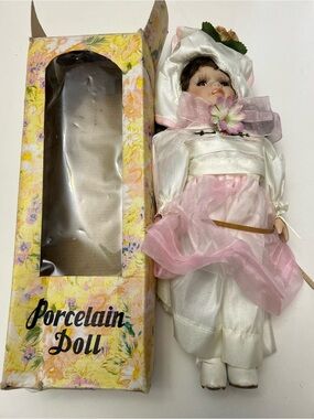 Vintage Imperial Porcelain White and Pink Porcelain Doll with Floral Hat